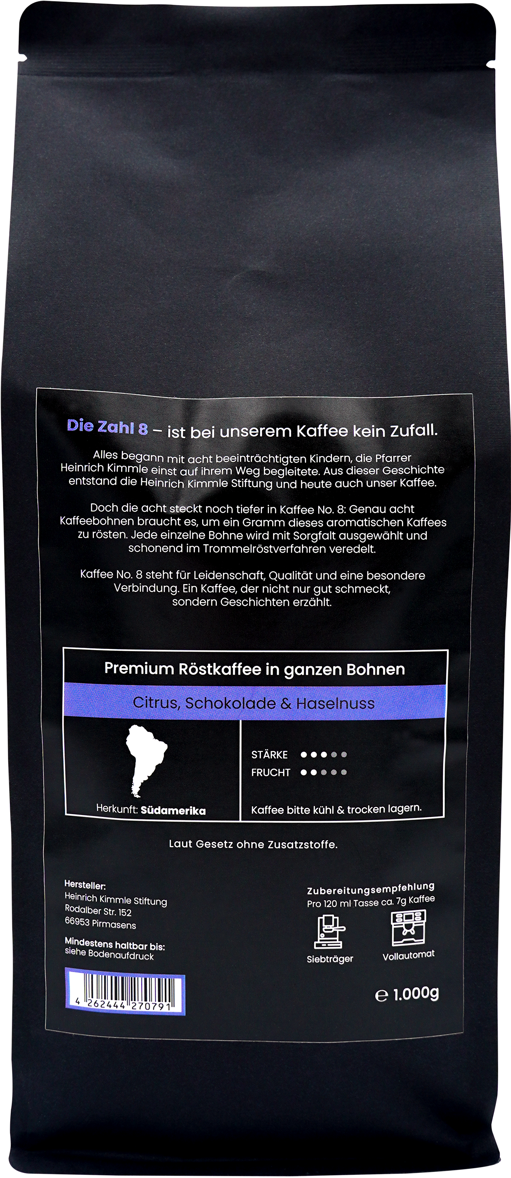Kaffee NO. 8 entkoffeiniert, ganze Bohnen