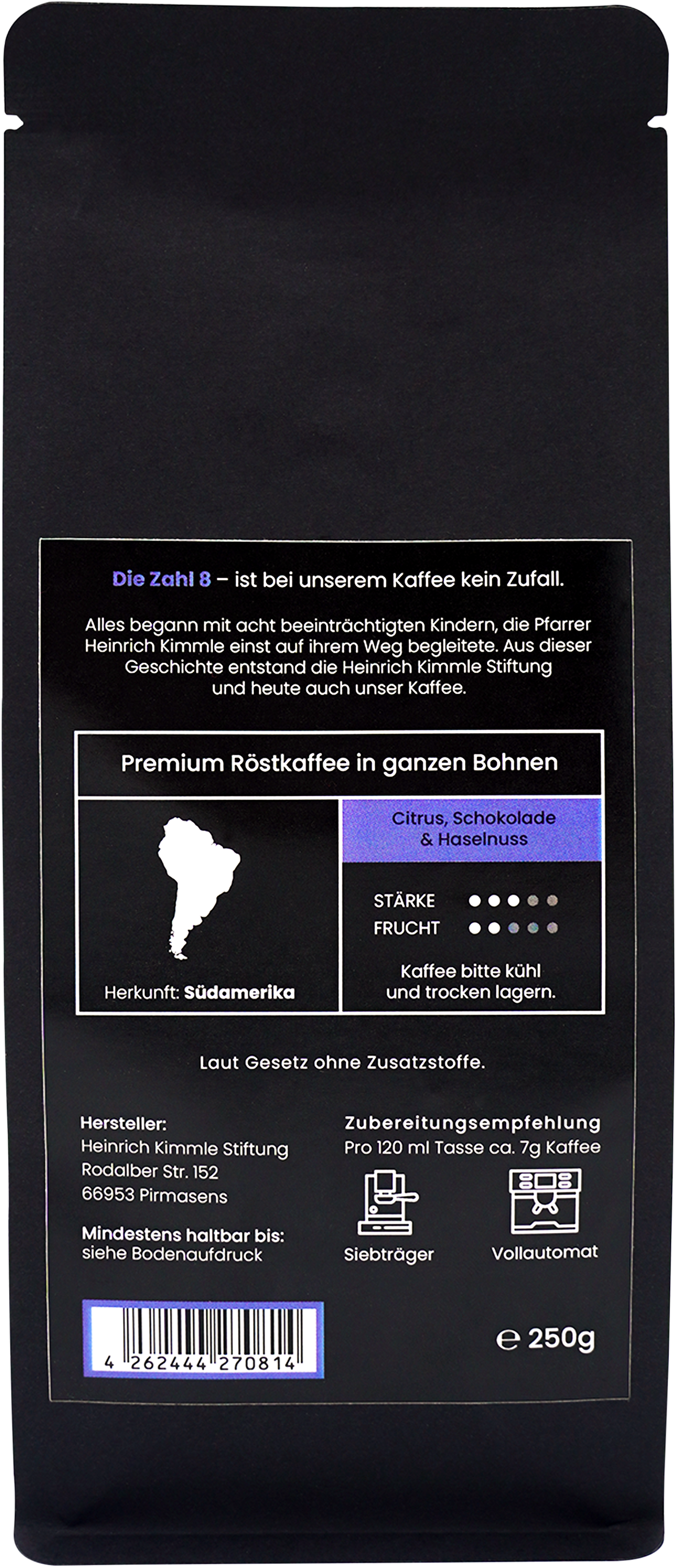 Kaffee NO. 8 entkoffeiniert, ganze Bohnen