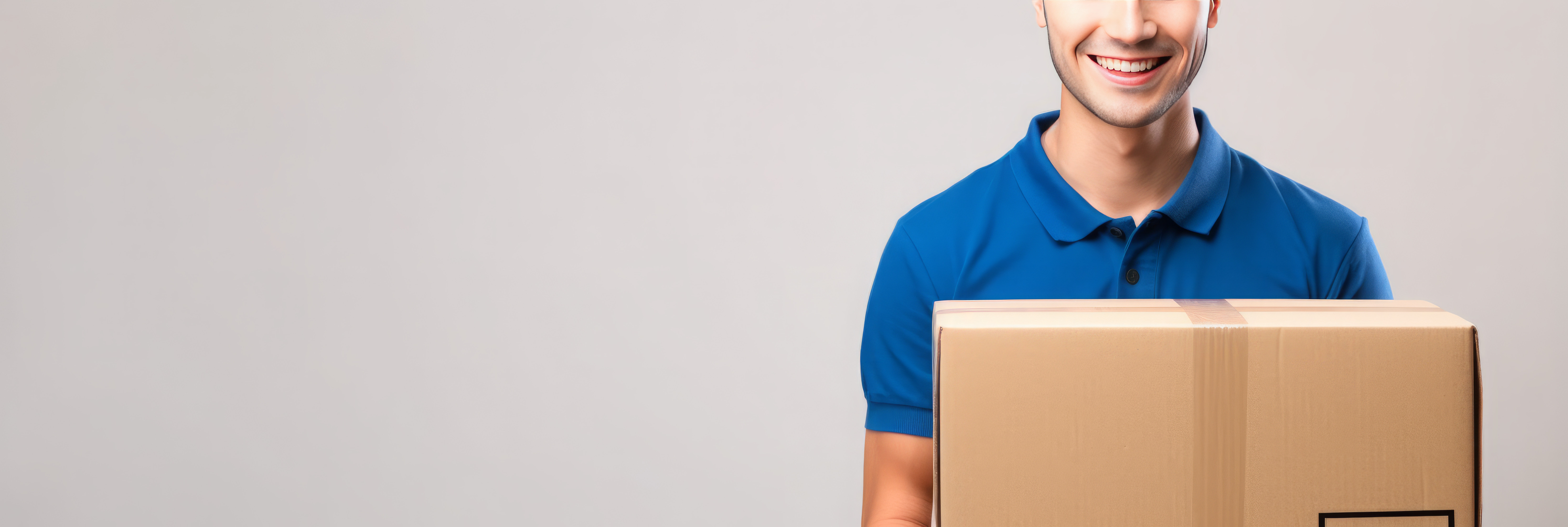 Mann mit Karton vor grauem Hintergrund